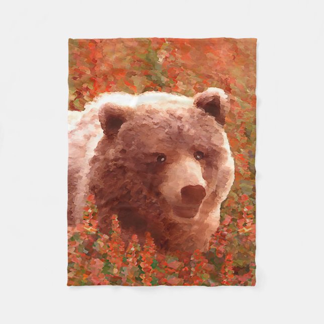Grizzly Bären Cub in Fireweed Painting Wildlife Ar Fleecedecke (Vorderseite)