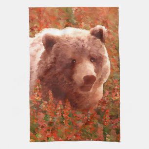 Grizzly Bären Cub in Fireweed Painting Wildlife Ar Geschirrtuch