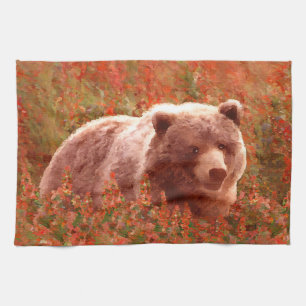 Grizzly Bären Cub in Fireweed Painting Wildlife Ar Geschirrtuch