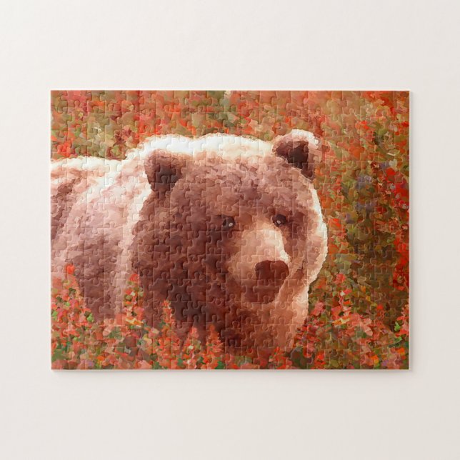 Grizzly Bären Cub in Fireweed Painting Wildlife Ar Puzzle (Horizontal)