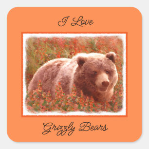 Grizzly Bären Cub in Fireweed Painting Wildlife Ar Quadratischer Aufkleber