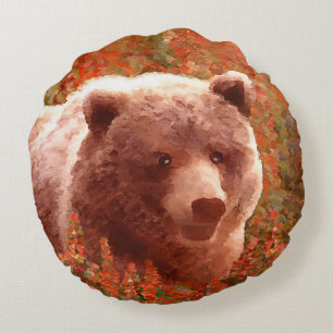 Grizzly Bären Cub in Fireweed Painting Wildlife Ar Rundes Kissen