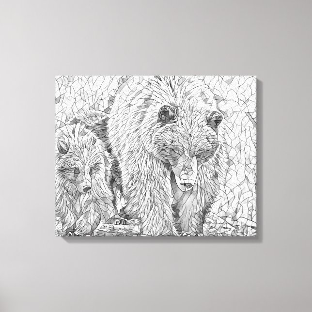 Grizzly Bear & Cub Gray scale abstract coloring  Leinwanddruck (Vorderseite)