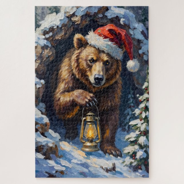 Grizzly Bear Emerging from Christmas Slumber Hat Puzzle (Vertikal)