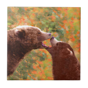 Grizzly Bear Mama and Cub Painting - Wildlife Art Fliese