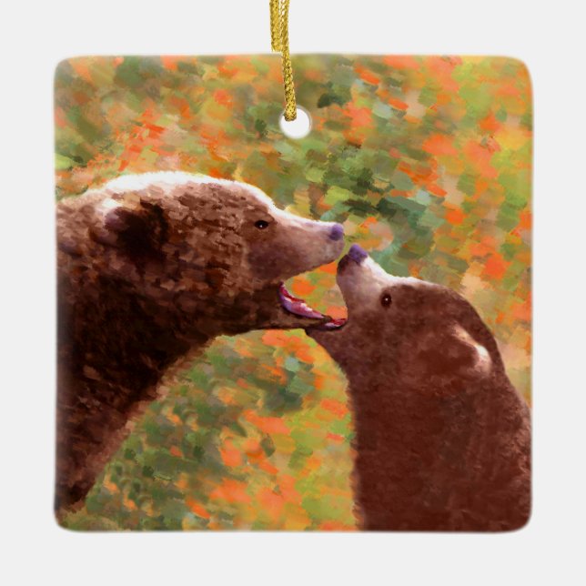 Grizzly Bear Mama and Cub Painting - Wildlife Art Keramikornament (Vorderseite)