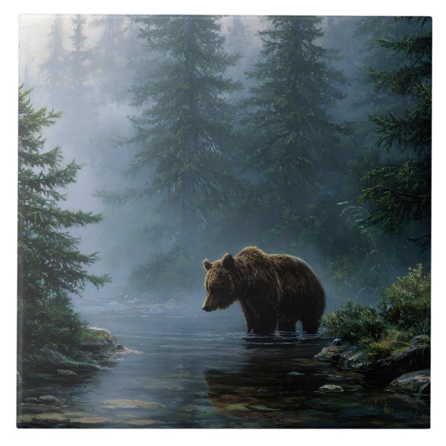 Grizzly Bear Misty Forest Fliese (Vorderseite)