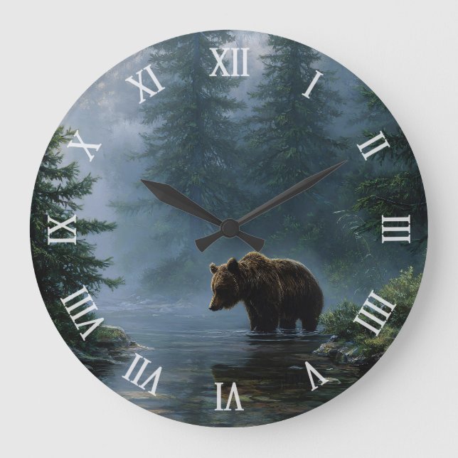 Grizzly Bear Misty Forest Große Wanduhr (Vorderseite)