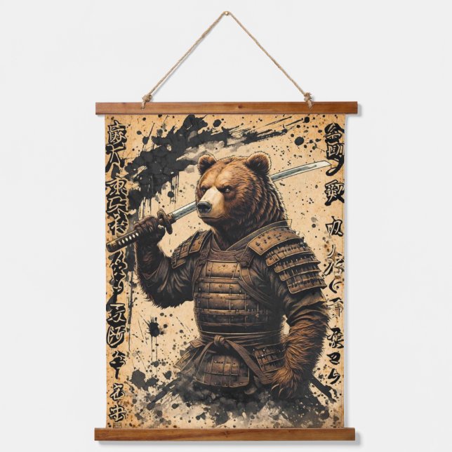 Grizzly Bear Samurai Warrior - Japanischer Tintens Wandteppich Mit Holzrahmen (Vorderseite)