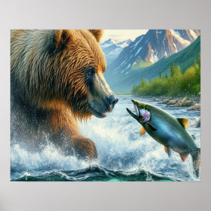Grizzly Bears mit Forellenlachs 16x20 Poster