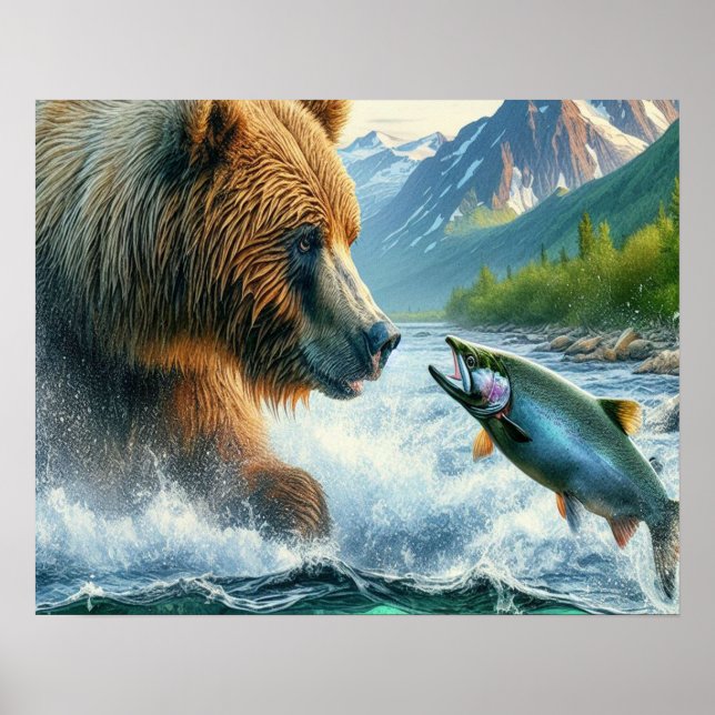 Grizzly Bears mit Forellenlachs 16x20 Poster (Vorne)