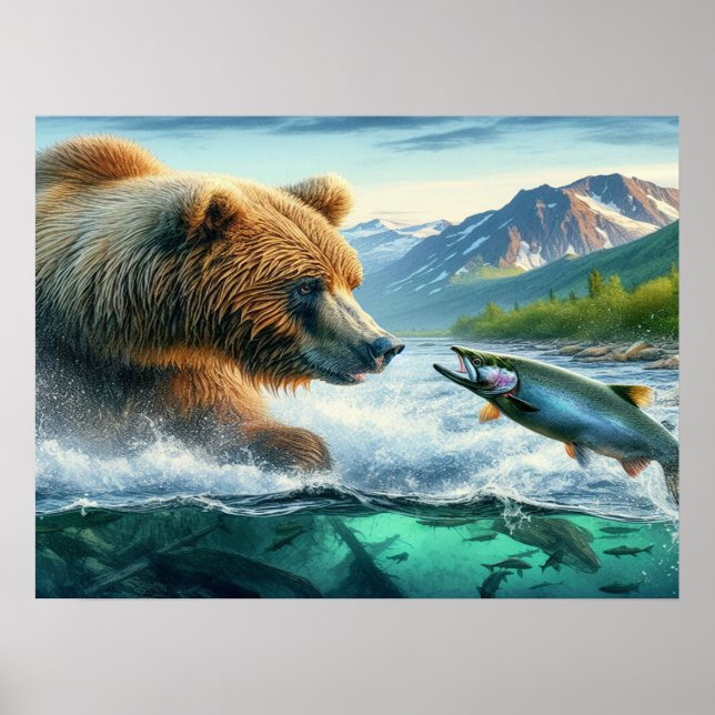 Grizzly Bears mit Forellenlachs 24x18 Poster (Vorne)
