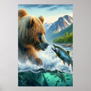 Grizzly Bears mit Forellenlachs 24x36 Poster
