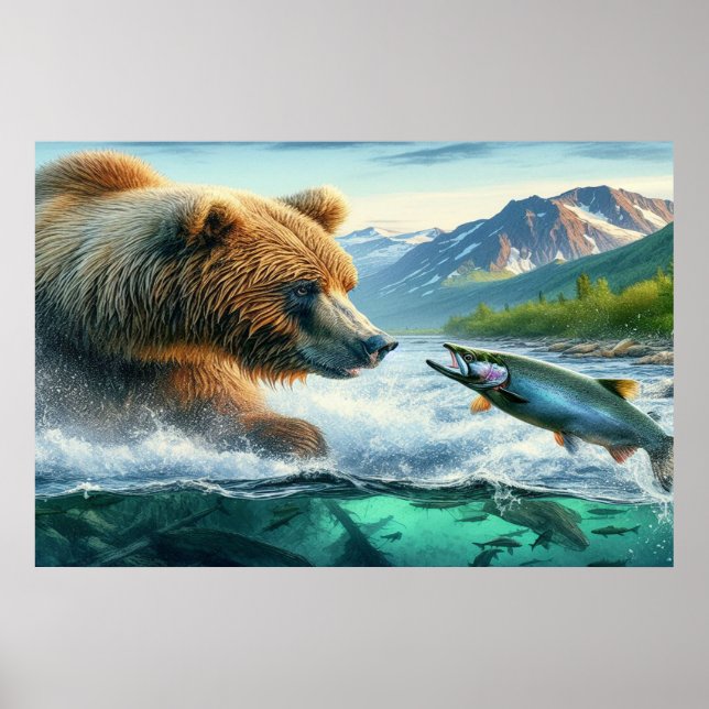 Grizzly Bears mit Forellenlachs 36x24 Poster (Vorne)