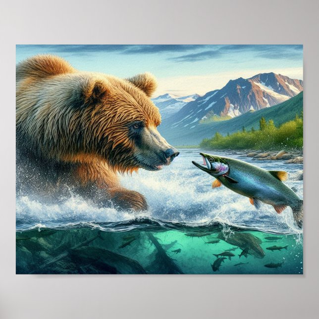 Grizzly Bears mit Forellenlachs 8x10 Poster (Vorne)