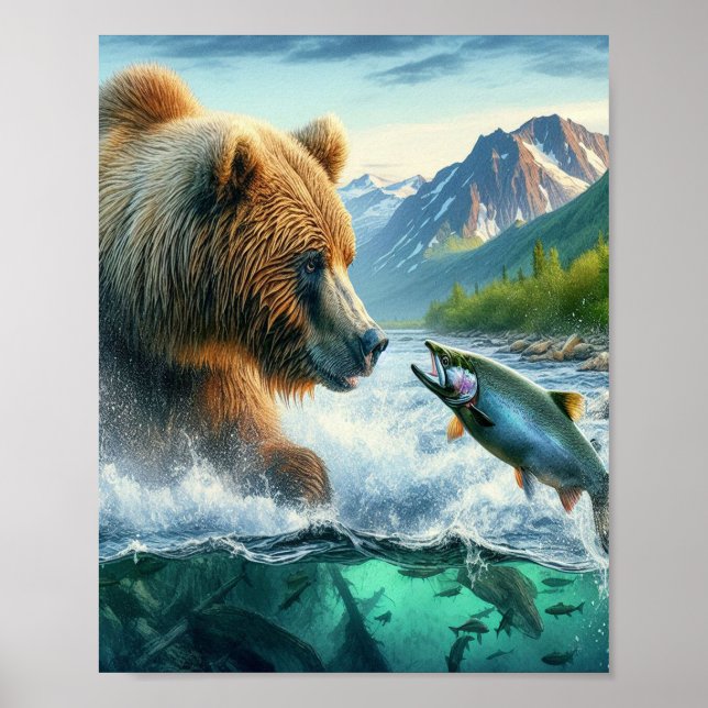 Grizzly Bears mit Forellenlachs 8x10 Poster (Vorne)