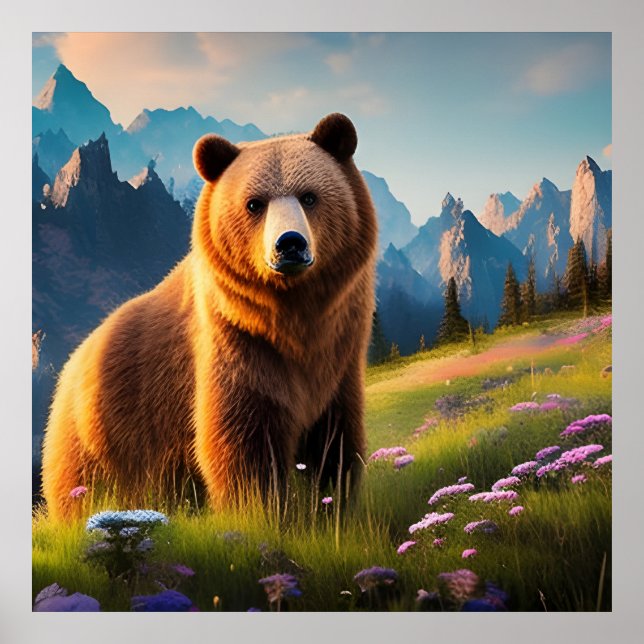 Grizzlybär auf dem Berg in Blume Poster (Vorne)