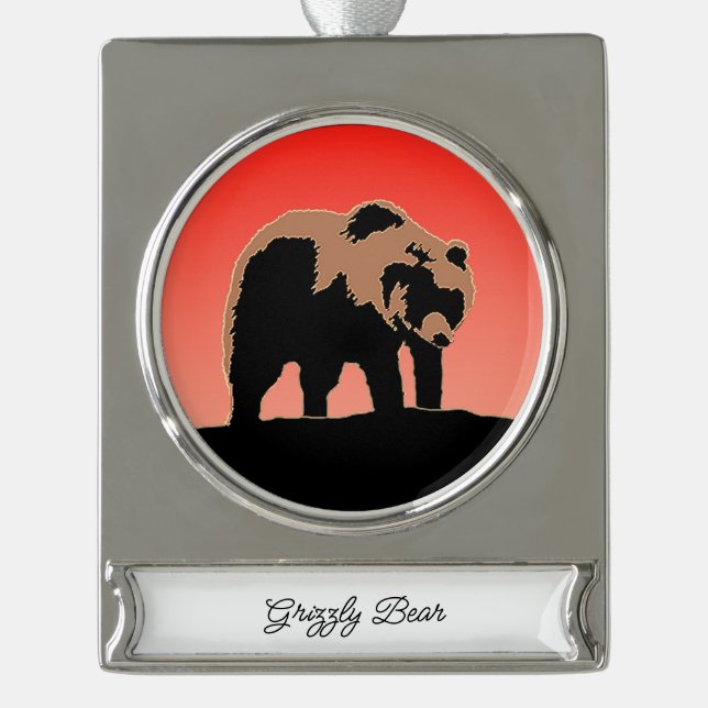 Grizzlybär bei Sonnenuntergang - Original Wildlife Banner-Ornament Silber (Vorderseite)