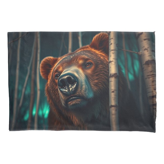 Grizzlybär, Birches und Aurora Art Kissenbezug (Vorderseite)