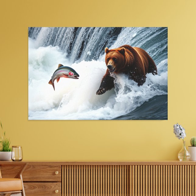 Grizzlybär fängt Lachs Leinwanddruck (Insitu (Wohnzimmer))