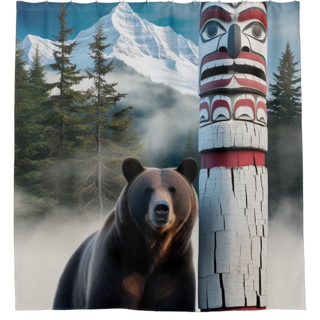Grizzlybär mit Totem Pole Art Duschvorhang (Vorderseite)