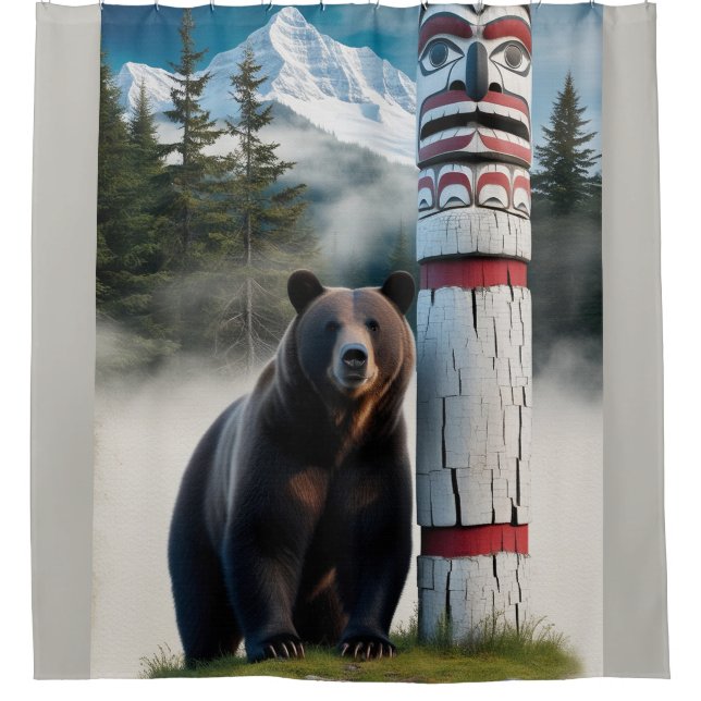 Grizzlybär mit Totem Pole Art Duschvorhang (Vorderseite)