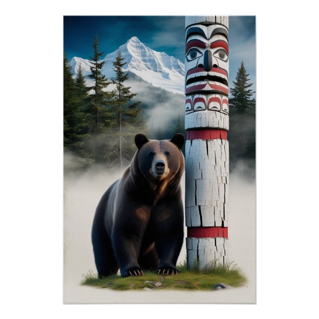 Grizzlybär mit Totem Pole Art Poster (Vorderseite)