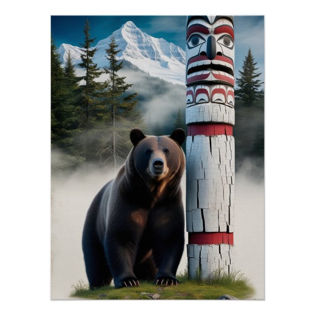 Grizzlybär mit Totem Pole Art Poster (Vorderseite)