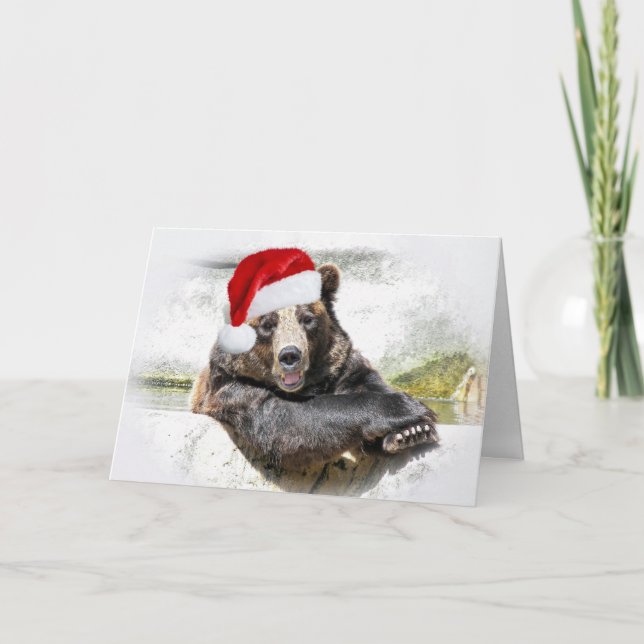 Grizzlybär mit Weihnachtshut Feiertagskarte (Vorderseite)