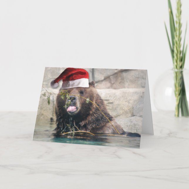 Grizzlybär mit Weihnachtsmannmütze Feiertagskarte (Vorderseite)