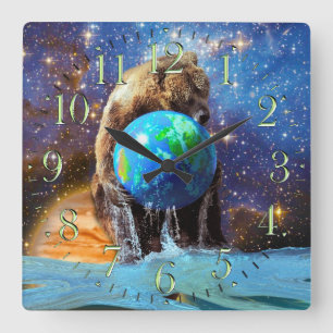 Grizzlybär & Planet Earth Fantasy Art Clock Quadratische Wanduhr