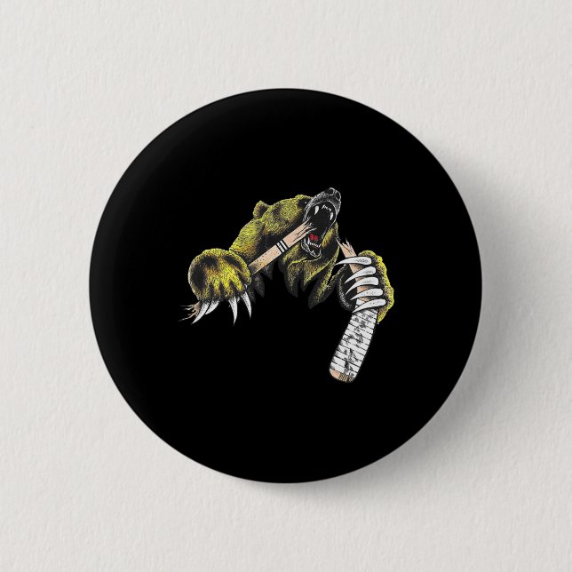 Grizzlybär platzt durch einen beißenden Hockeyschl Button (Vorderseite)