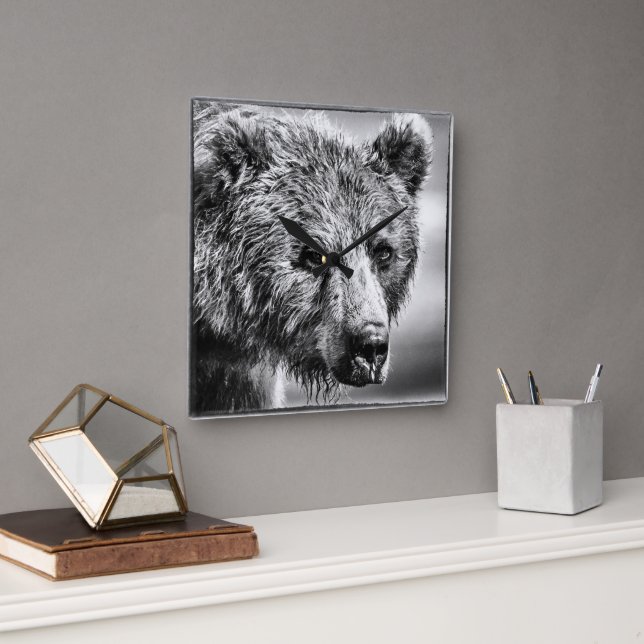Grizzlybär-Portrait Quadratische Wanduhr (Büro)