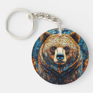 Grizzlybär-Porträt in einer Glasmalerei Schlüsselanhänger