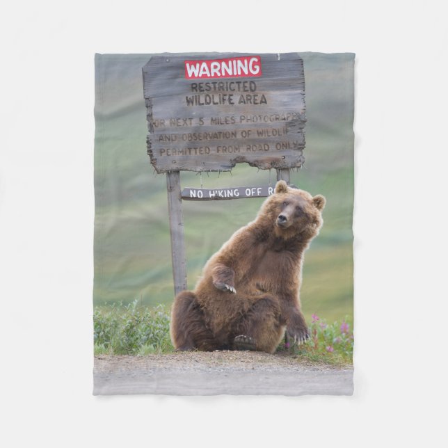 Grizzlybär spielt mit Schild Fleecedecke (Vorderseite)