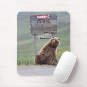 Grizzlybär spielt mit Schild Mousepad