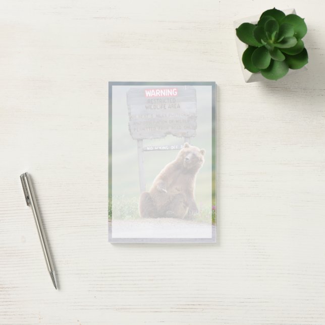 Grizzlybär spielt mit Schild Post-it Klebezettel (Büro)