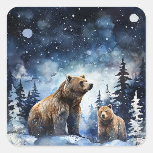 Grizzlybär und Baby Quadratischer Aufkleber