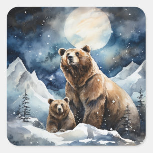 Grizzlybär und Baby Quadratischer Aufkleber