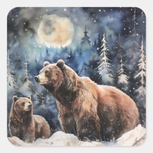 Grizzlybär und Baby Quadratischer Aufkleber