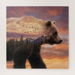 Grizzlybär und Bergszene Doppelbelichtung Puzzle