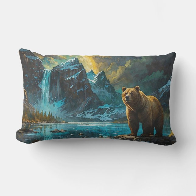 Grizzlybär und Wasserfall Kunst Lendenkissen (Vorderseite)