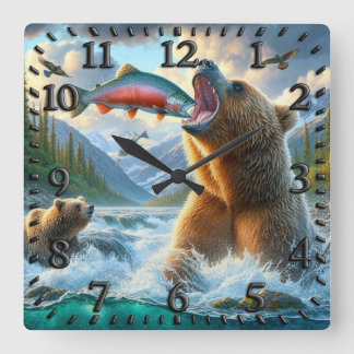 Grizzlybären mit Forellenlachs Quadratische Wanduhr
