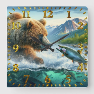Grizzlybären mit stählernen Forellenlachs springen Quadratische Wanduhr