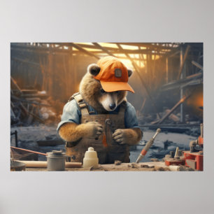 Grizzy Bär Animal Fun Work Handyman Happy Time Poster