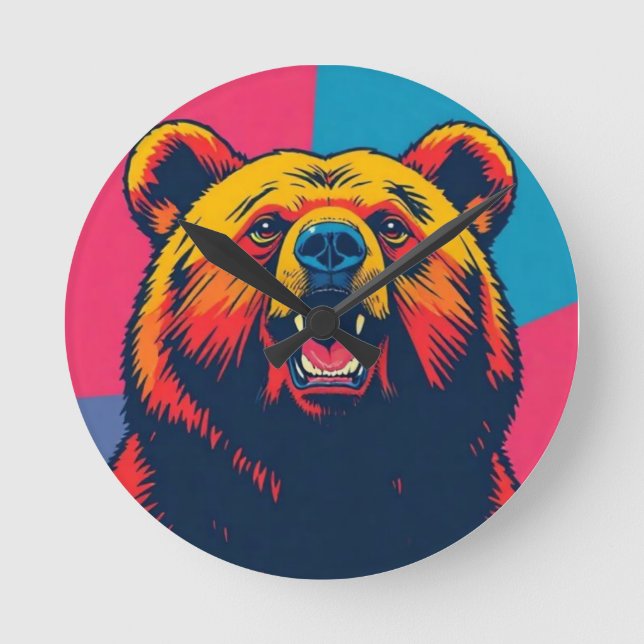 Grizzy Bär Pop Art Runde Wanduhr (Vorderseite)
