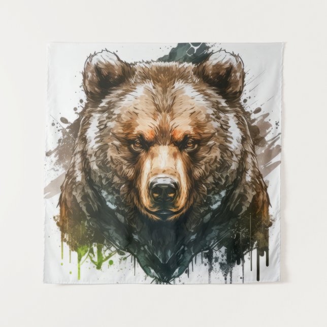 Grizzy Bären Portrait Tiermalerei Kunst, Dichtung  Wandteppich (Vorderseite)