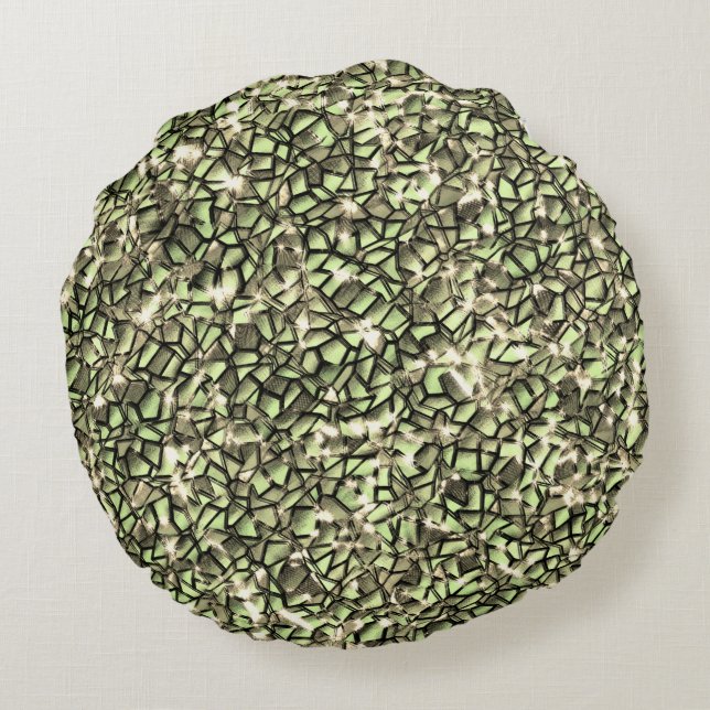 Grobgrüne Sepia-Mosaikschichten und Glitzern Rundes Kissen (Rückseite)