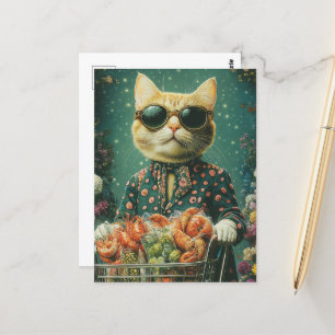 Grocery Shopping Ginger Cat in Sonnenbrille Postkarte