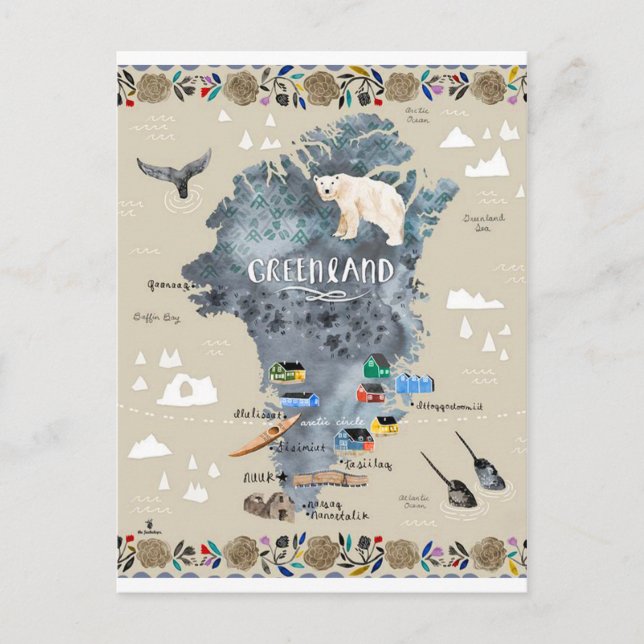 " Grönland: 13 ct./heute - Handmalerei Postkarte (Vorderseite)